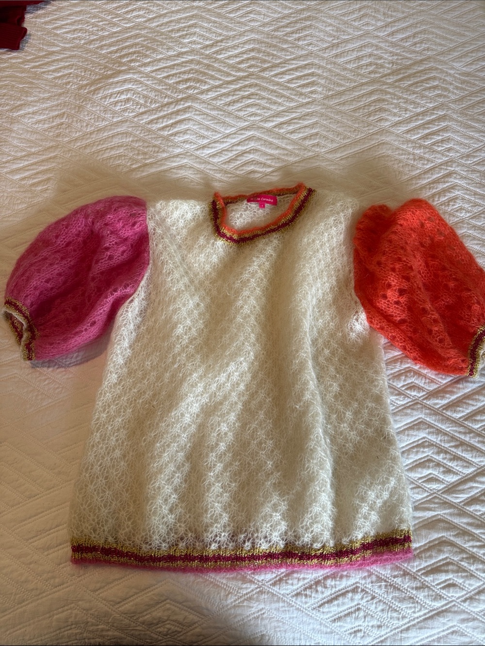 ROSE CARMINE Cream Knit Sweater with Pink and Orange Puff Sleeves